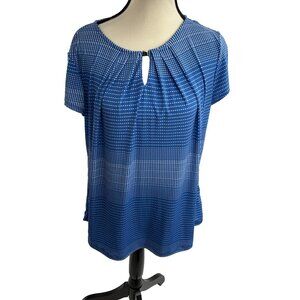 Liz Claiborne Womens L Blouse Blue Keyhole Pleated Neck Short Sleeve Top